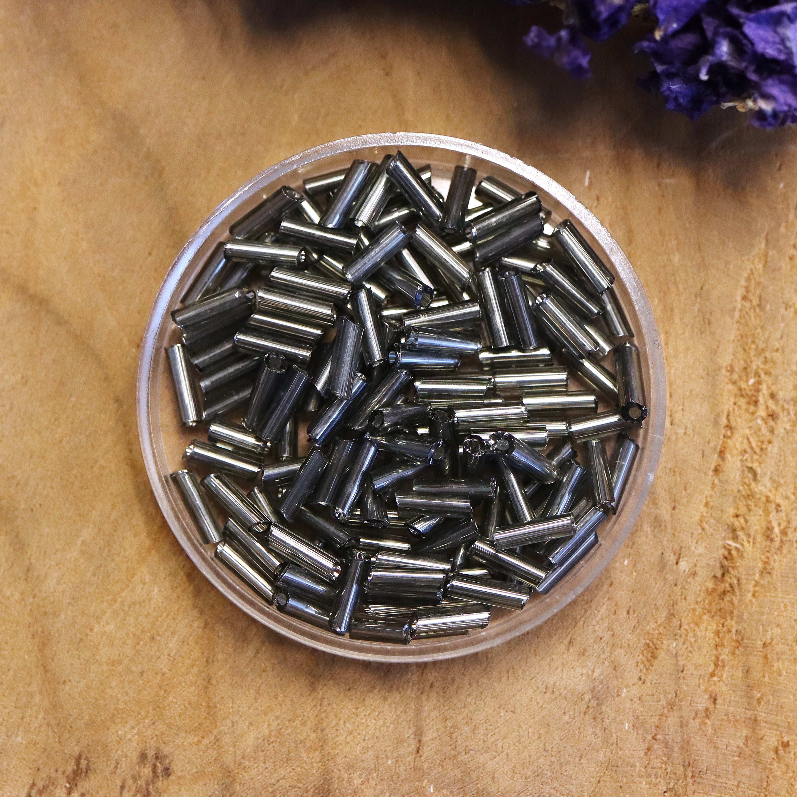 Bugle beads gunmetal 5 grams