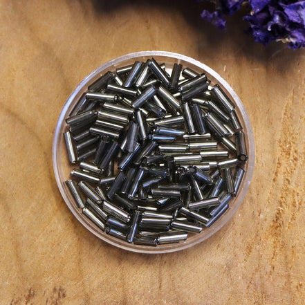 Bugle beads gunmetal 5 grams