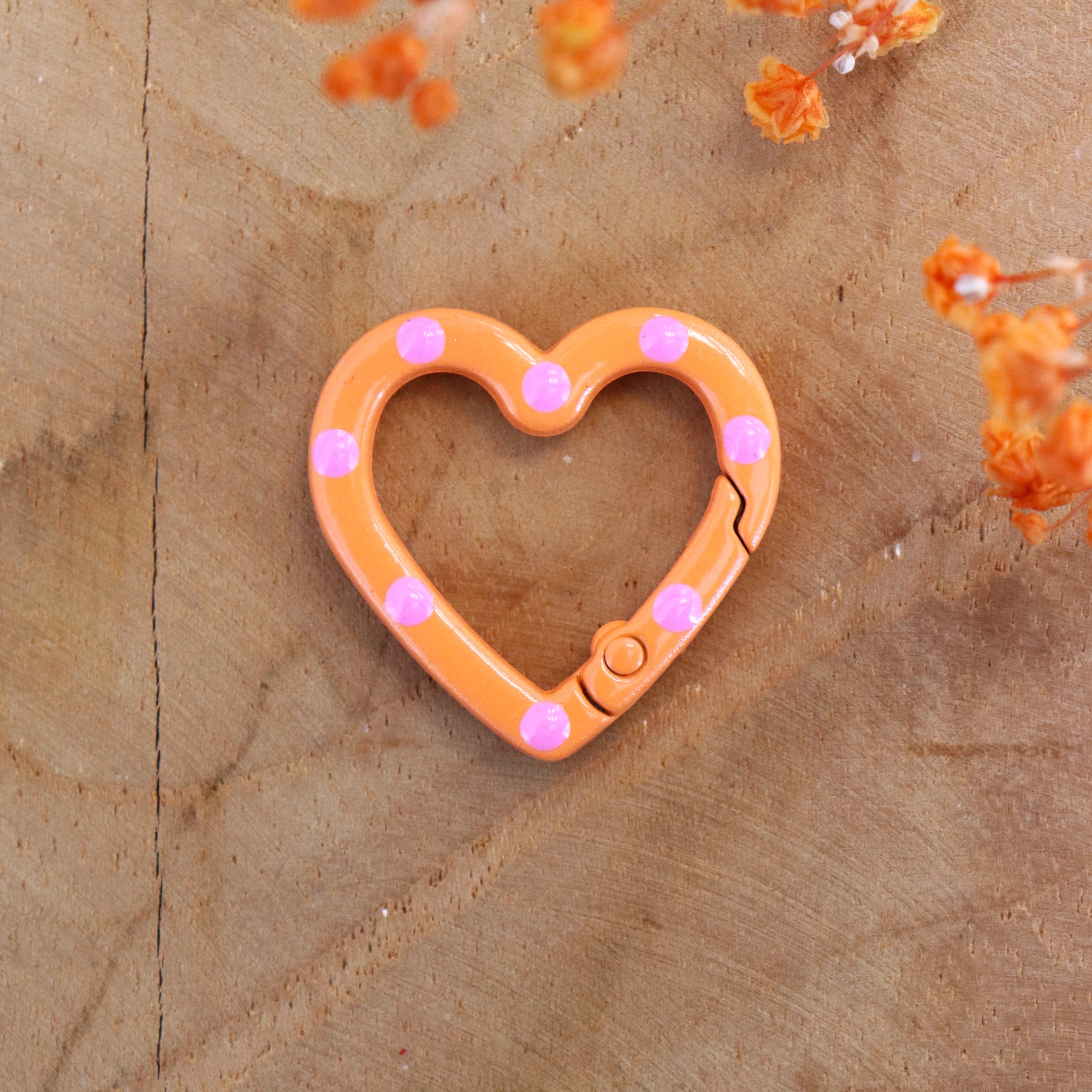 Keyring heart - orange with pink dots