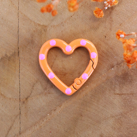 Keyring heart - orange with pink dots