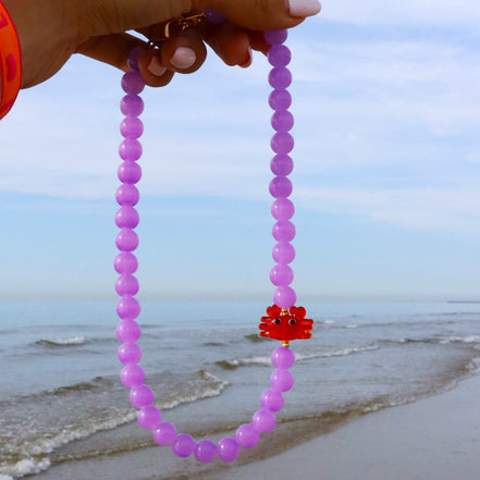 Beaded necklace - purple with crab charm