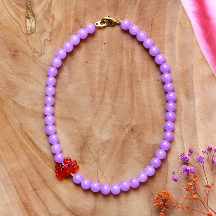 Beaded necklace - purple with crab charm