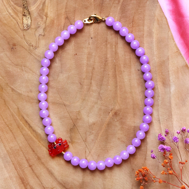 Beaded necklace - purple with crab charm