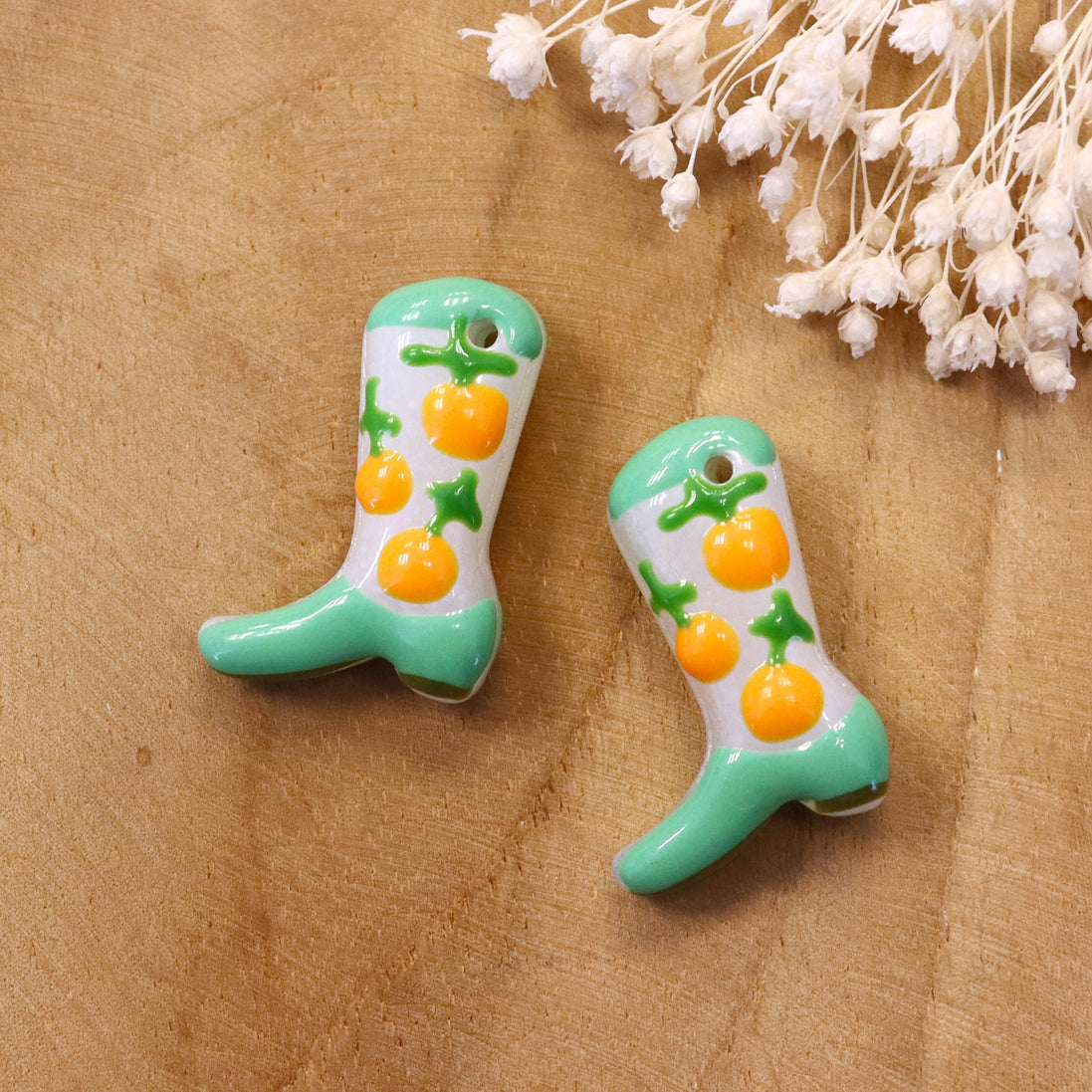 Lampwork cowboy boot - green with orange accents
