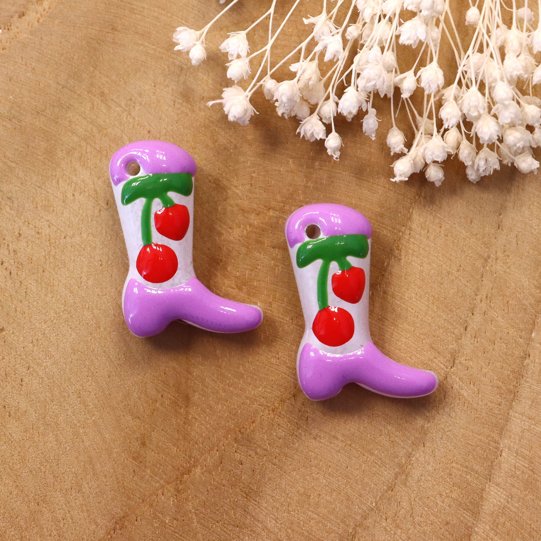 Lampwork cowboy boot - lilac with cherries