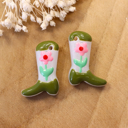 Lampwork cowboy boot - green with flower
