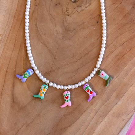 Beaded necklace - pearls with cowboy boots
