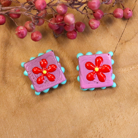 Lampwork enamel kraal met bloem - paars