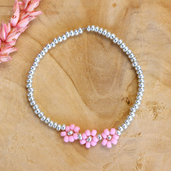 Armband met bloemen - roze zilver