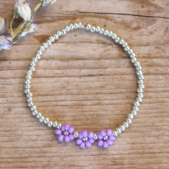 Armband met bloemen - lila zilver