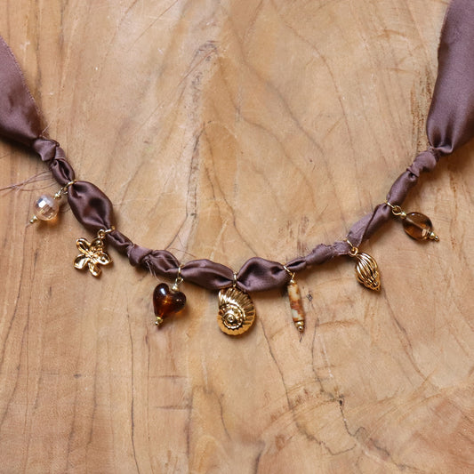 Bandana ketting - bruin satijn goud