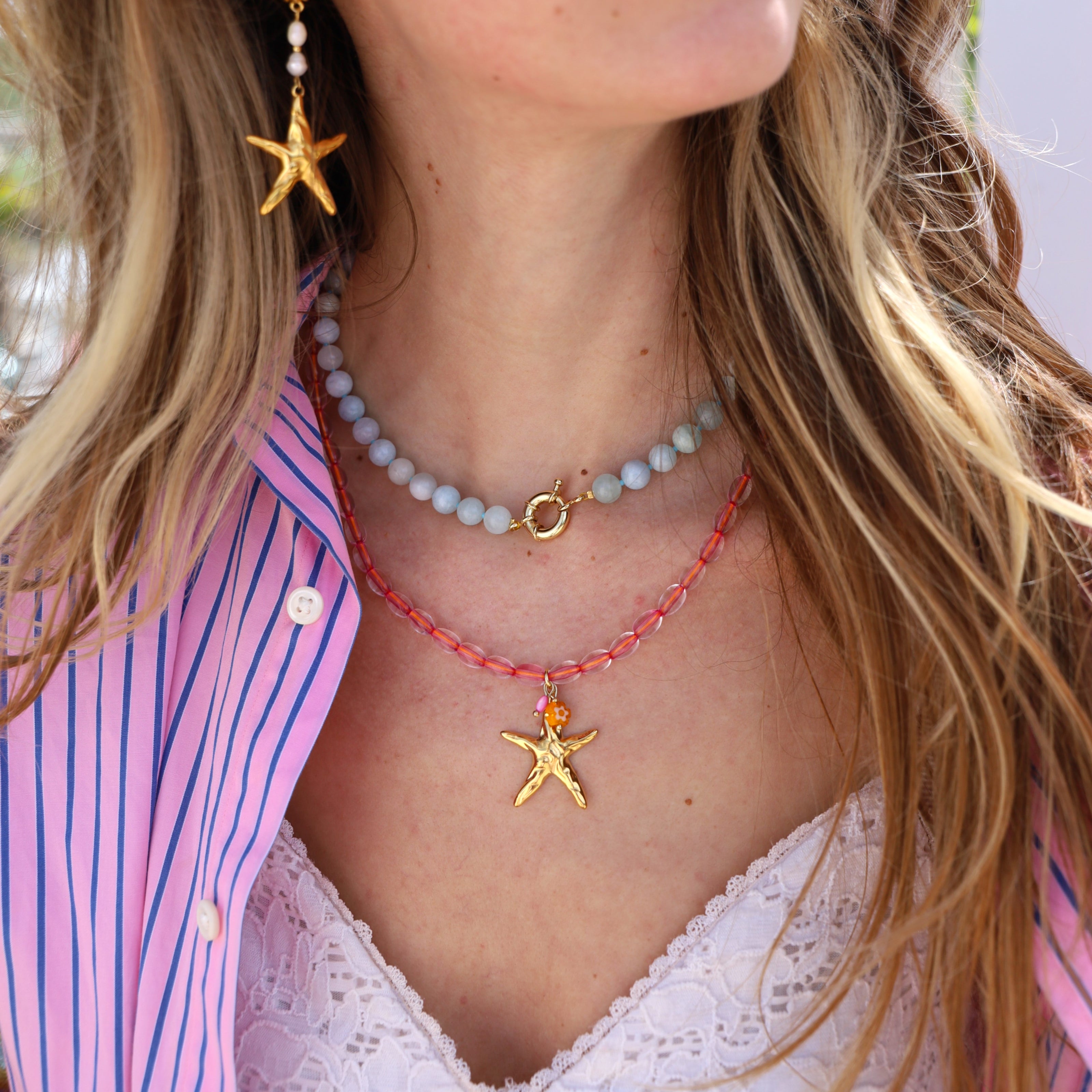 Bead necklace - pink with gold starfish charm