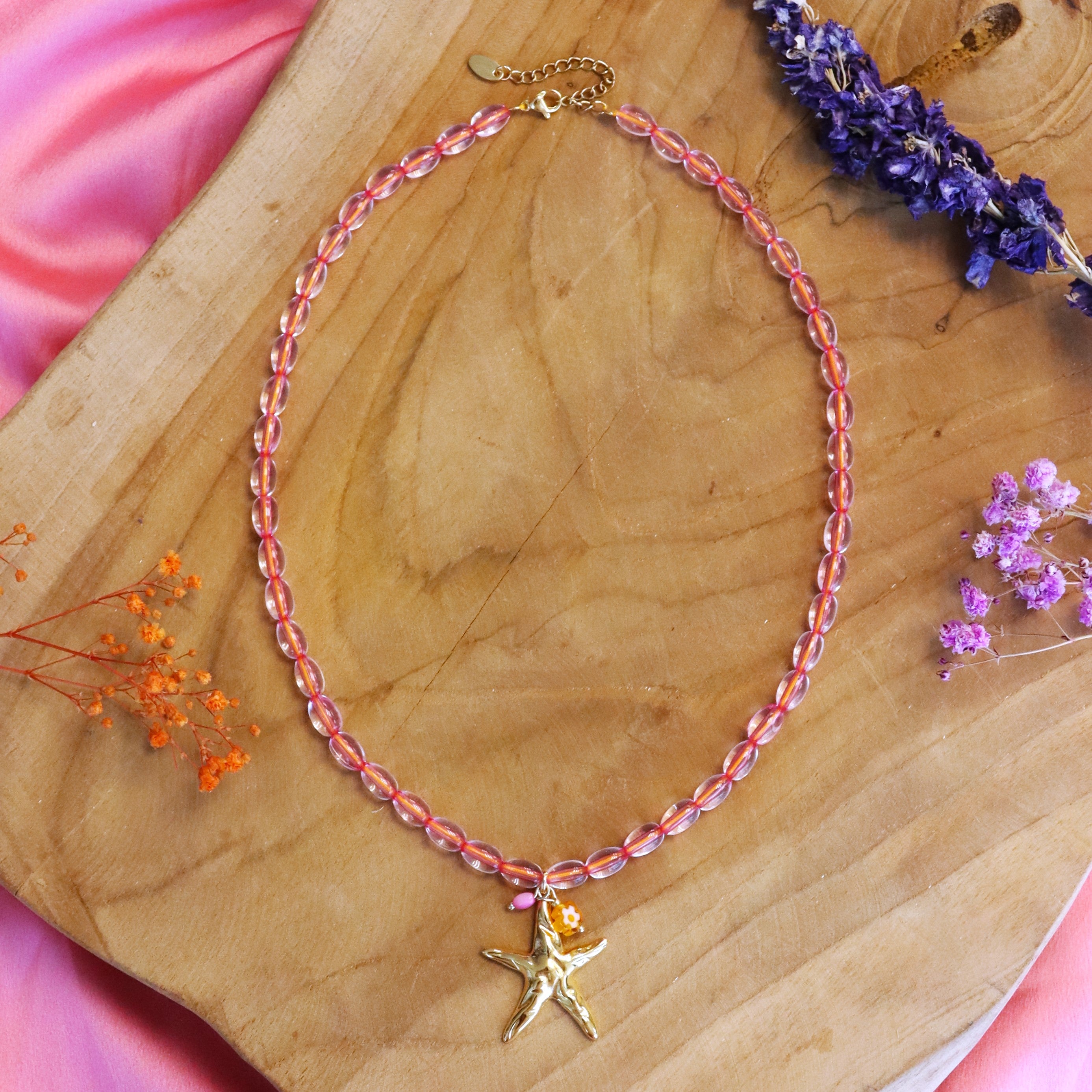 Bead necklace - pink with gold starfish charm