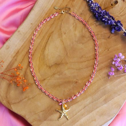 Bead necklace - pink with gold starfish charm