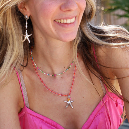 Statement oorbellen zilver - zeester met parels