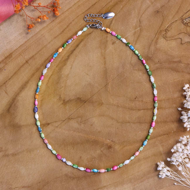 Bead necklace - colored shells silver