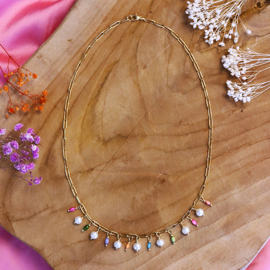 Stainless steel ketting - glasparels en gekleurde schelpjes