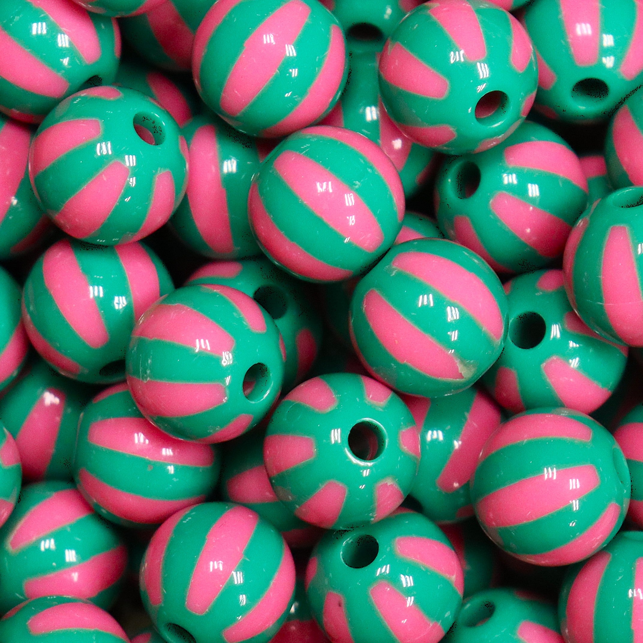 Funky ronde acryl kraal - gestreept groen/roze
