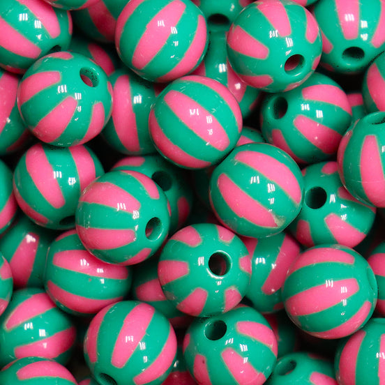 Funky ronde acryl kraal - gestreept groen/roze
