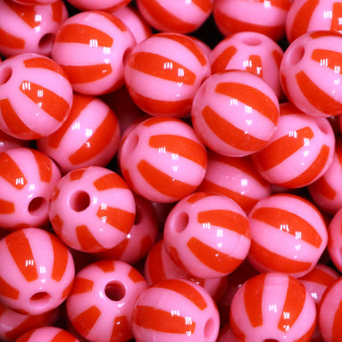 Funky ronde acryl kraal - gestreept roze/rood