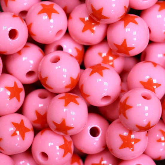 Funky ronde acryl kraal - ster roze/rood