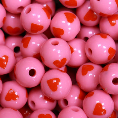 Funky ronde acryl kraal - hartje roze/rood