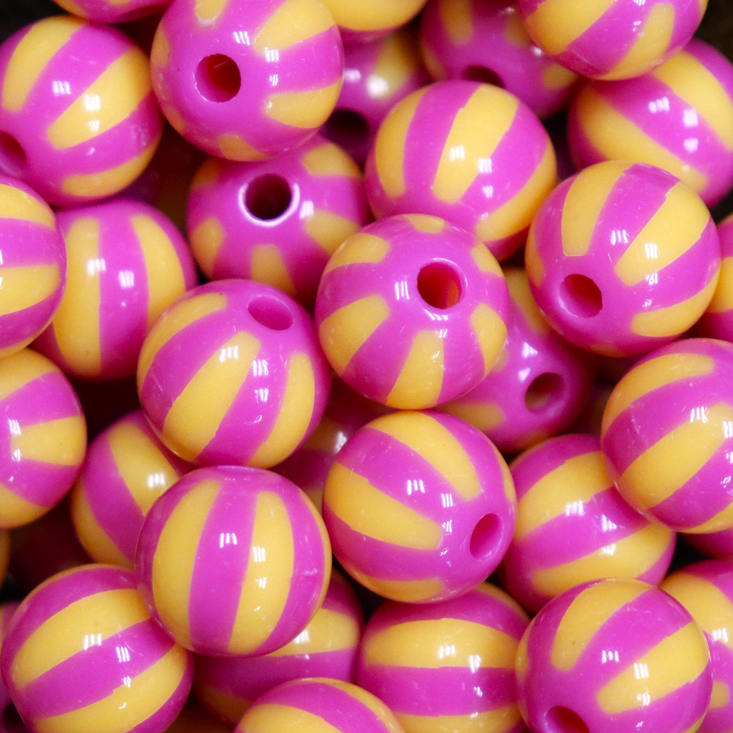 Funky ronde acryl kraal - gestreept paars/geel