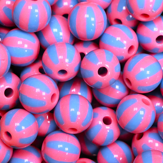 Funky ronde acryl kraal - gestreept roze/blauw