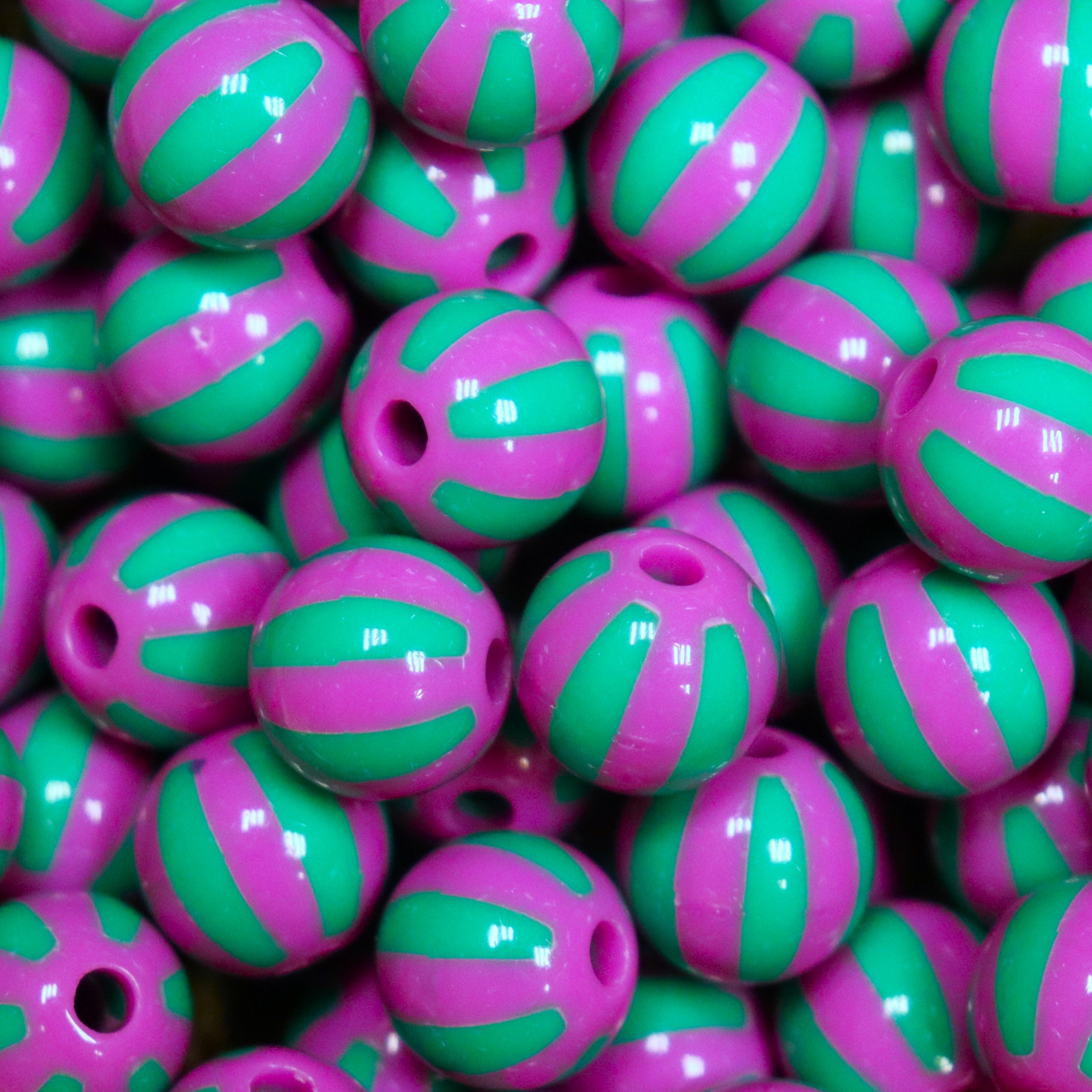 Funky ronde acryl kraal - gestreept paars/groen