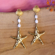 Statement earrings gold - starfish with pearls