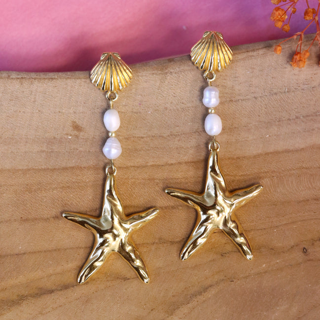 Statement earrings gold - starfish with pearls