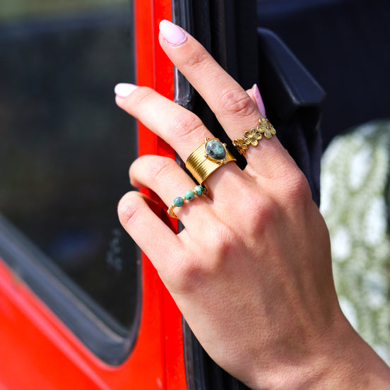 Gouden kralenring - turkoois