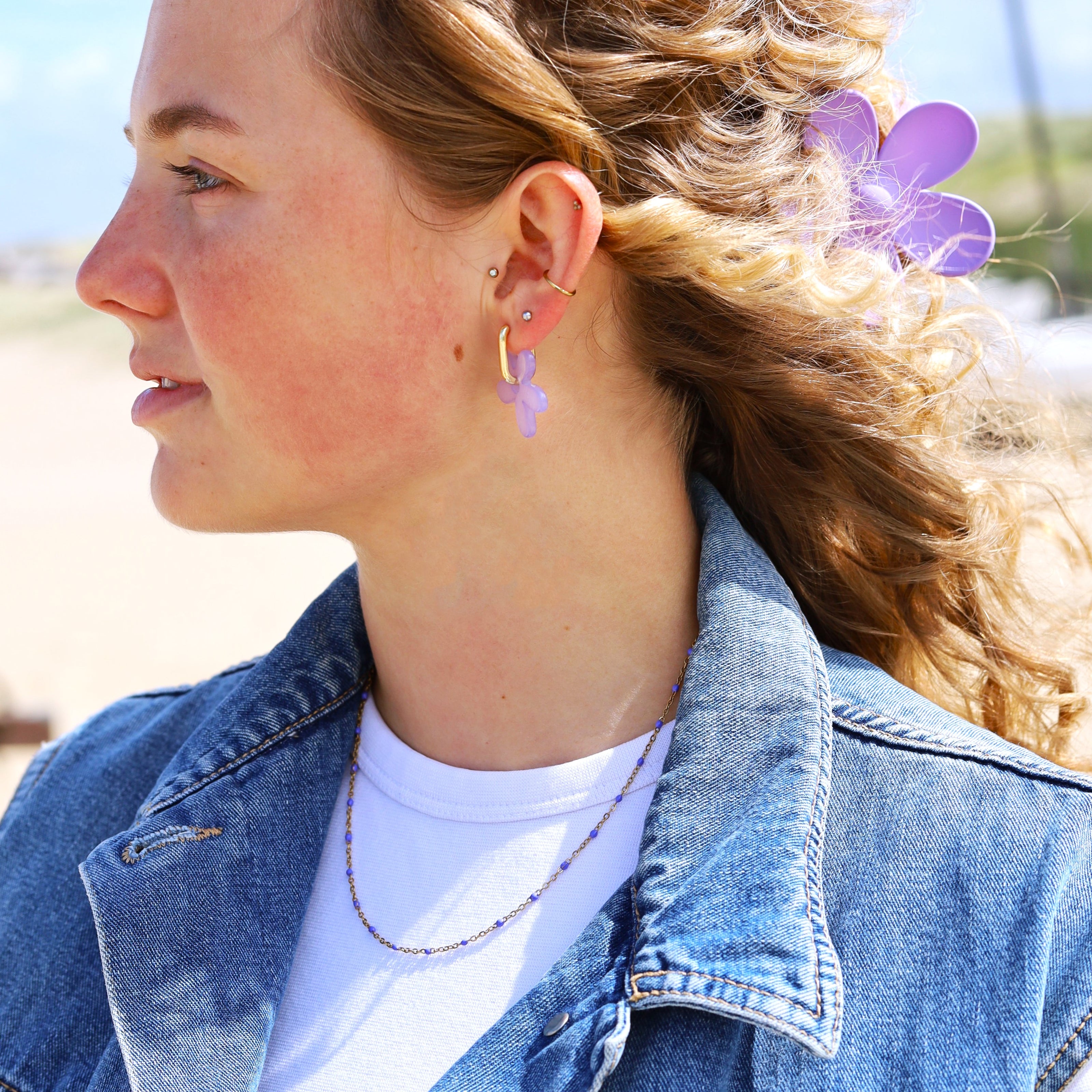 Ketting stainless steel - paarse bolletjes