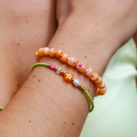 Bracelet green with orange flower