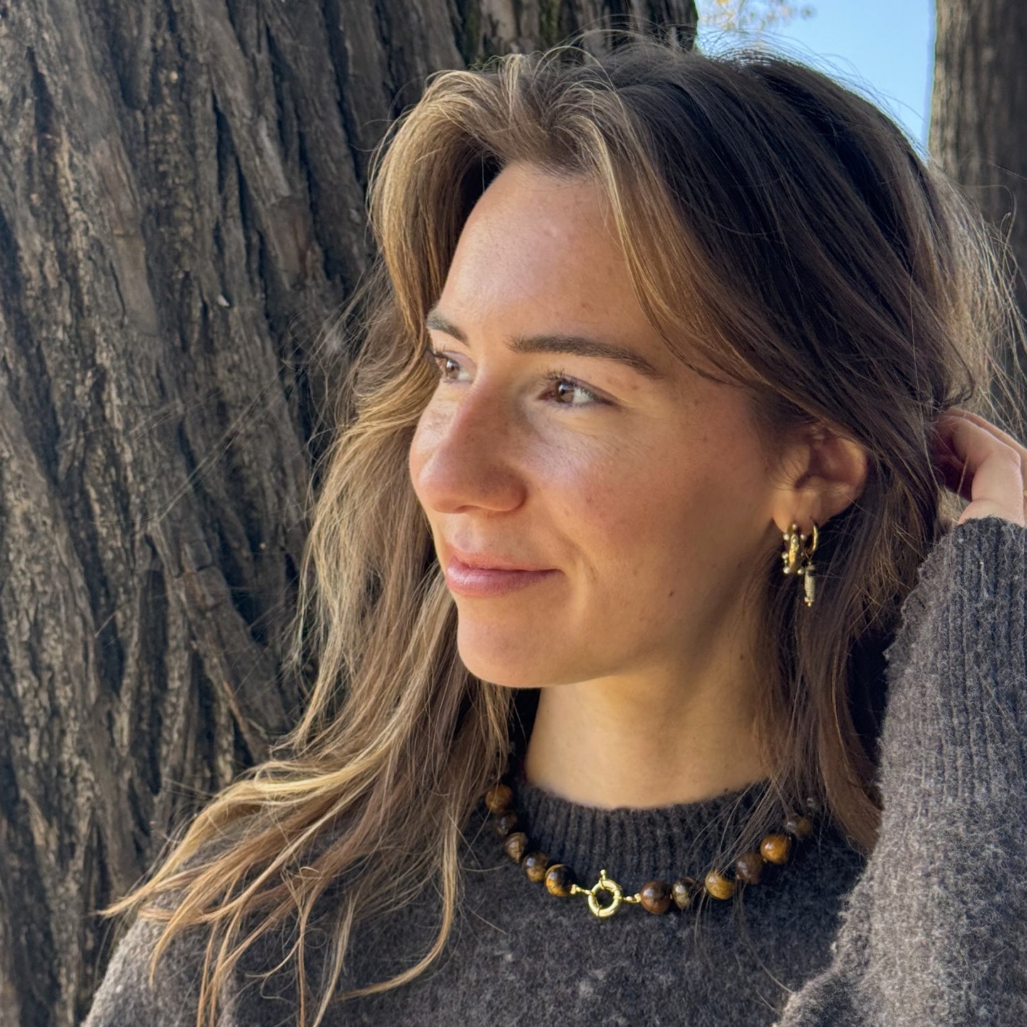 Perlenkette - Tigerauge mit Karabinerverschluss gold