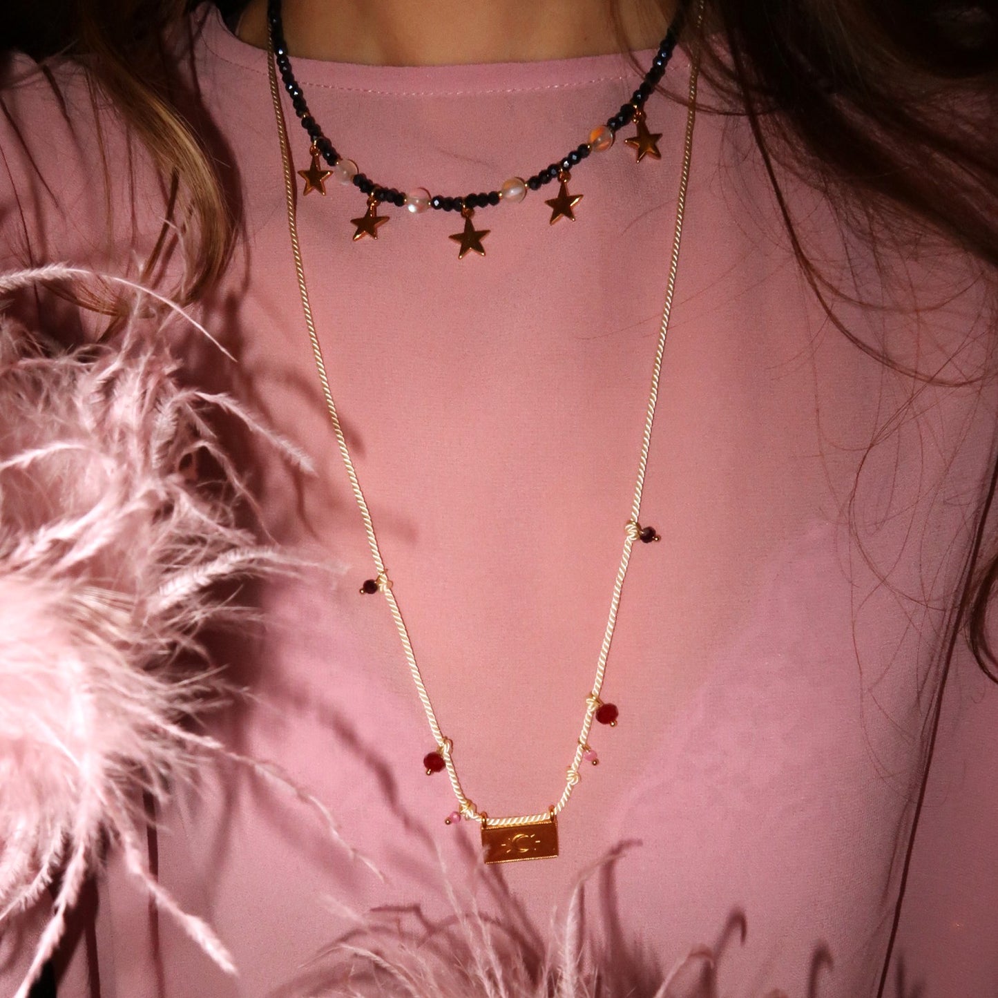 Kralenketting - Navy blauw met maansteen en sterrenbedels