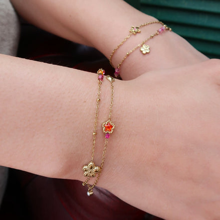 Stainless steel armband dubbel bloemen roze oranje