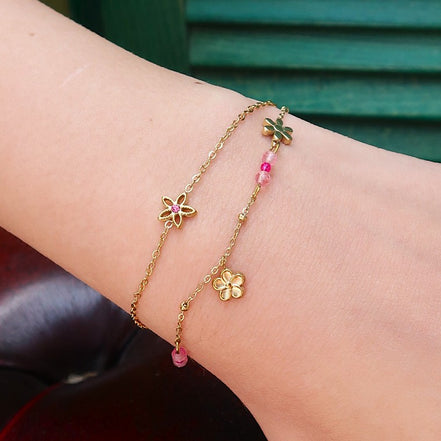 Stainless steel armband dubbel bloemen roze