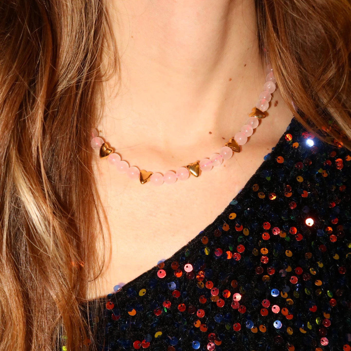 Kralenketting - rozenkwarts met harten