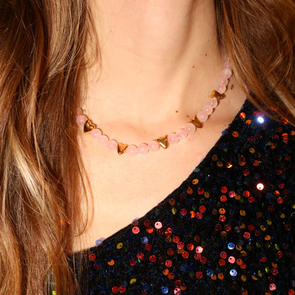 Kralenketting - rozenkwarts met harten