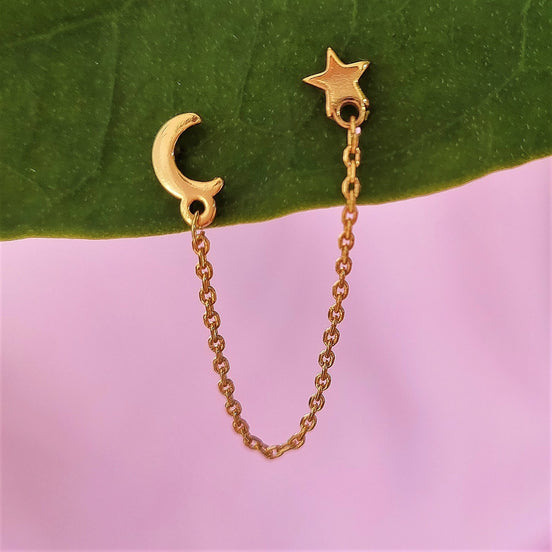 Stainless steel oorsteker maan en ster goud