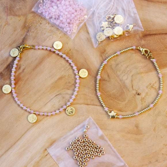 DIY pakket - armbanden set met roze/goud