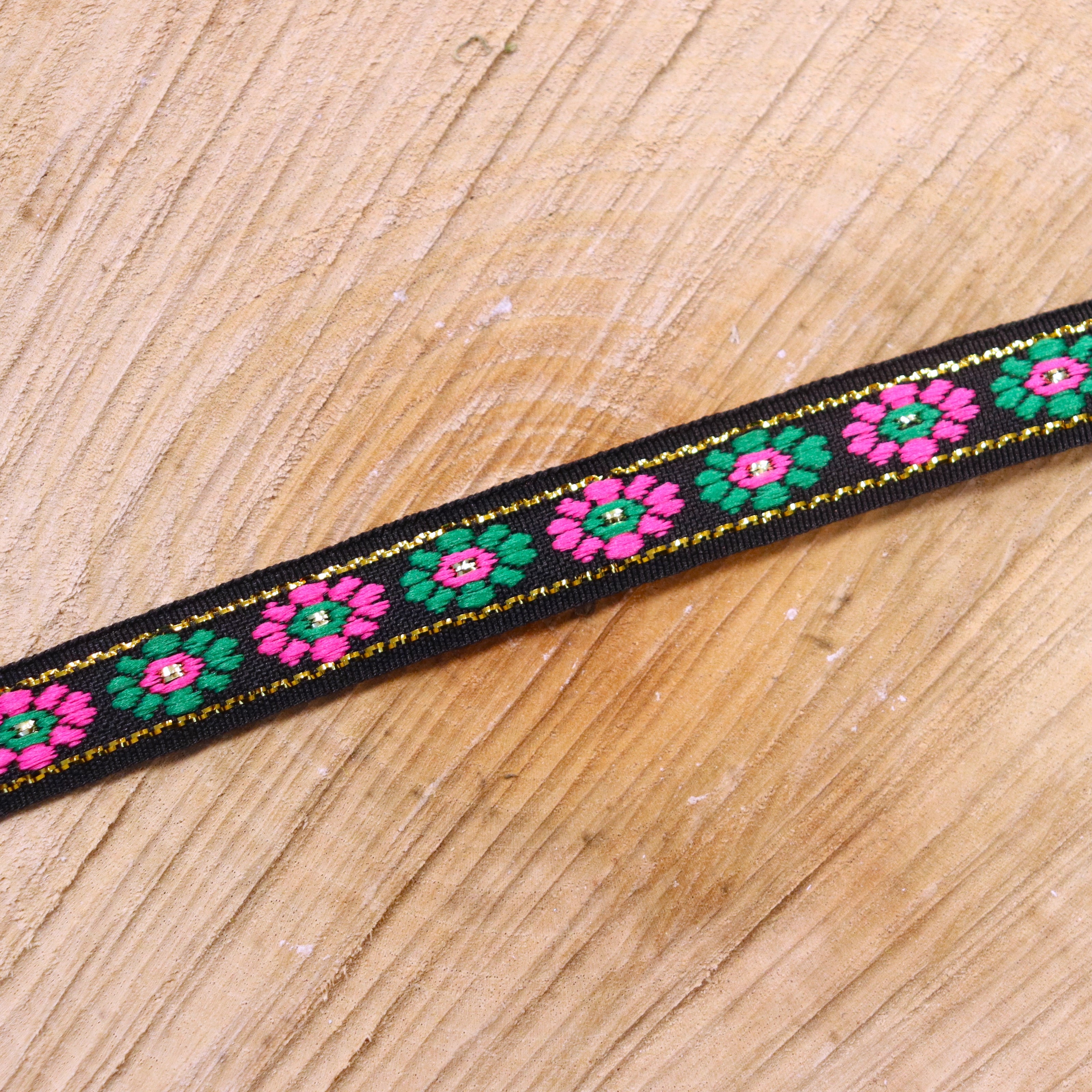 Ribbon with flowers black-green-pink