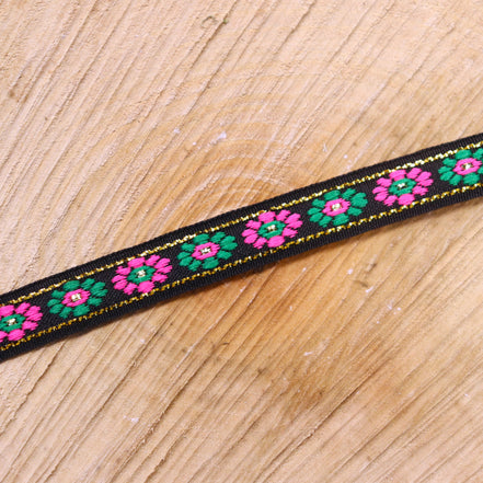 Ribbon with flowers black-green-pink