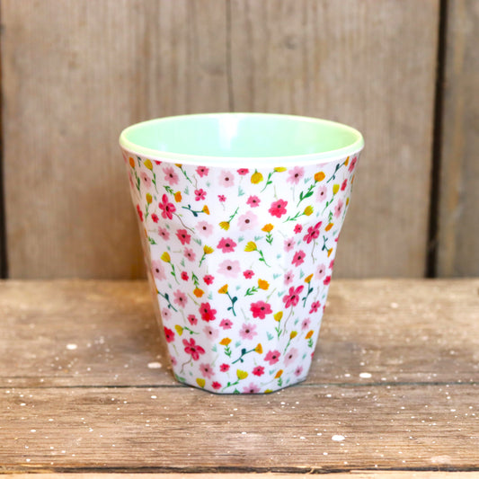 RICE Becher mittel - weiße Pastellblumen