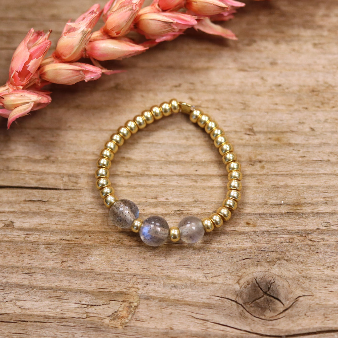 Golden bead ring - labradorite 