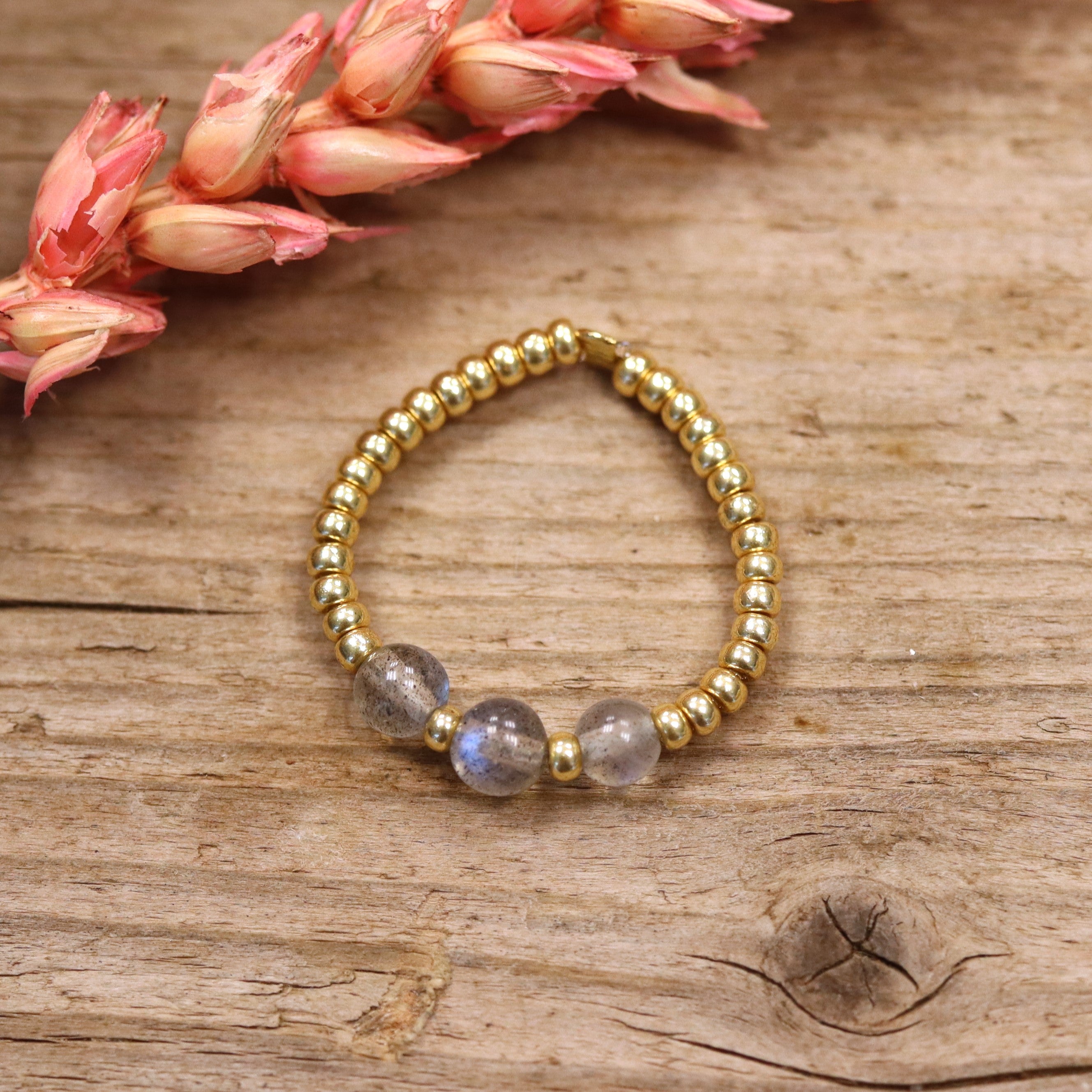 Golden bead ring - labradorite 