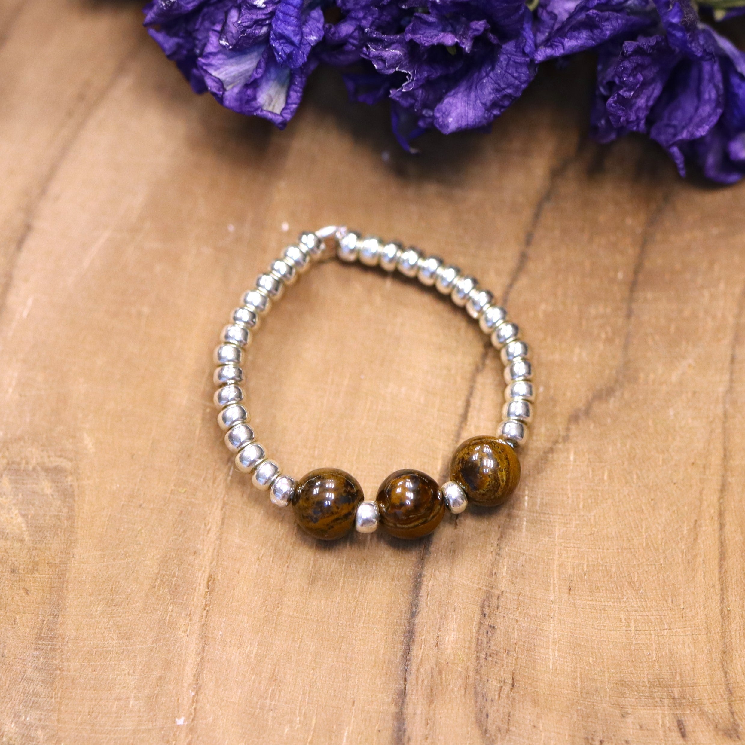 Silver bead ring - tiger eye