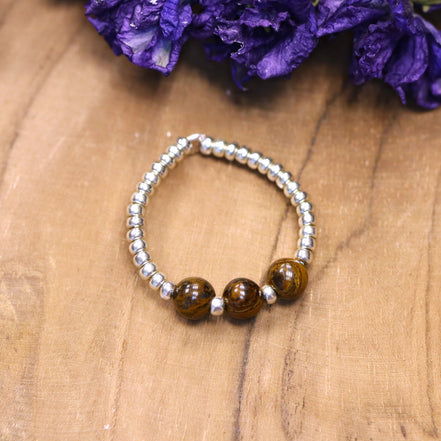 Silver bead ring - tiger eye