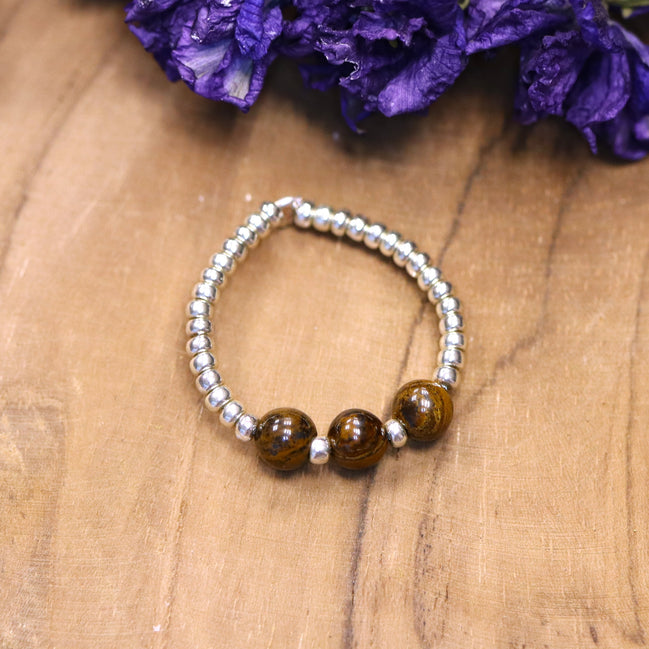 Silver bead ring - tiger eye